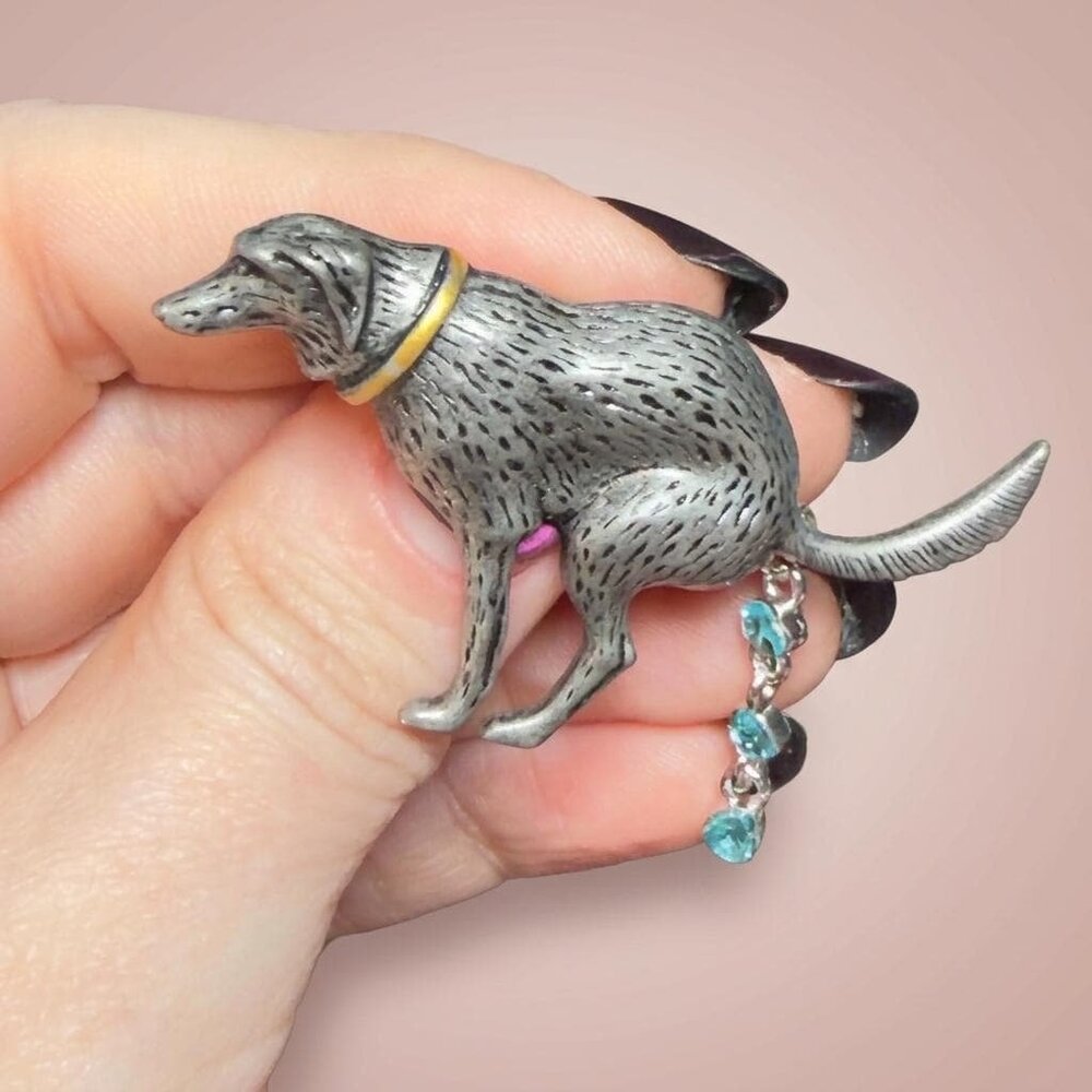 Vintage Silver Dog Brooch with Gold Collar and Blue Crystal Dangles